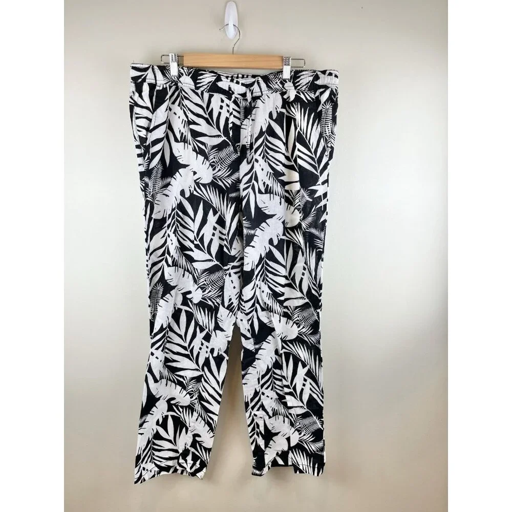 Serra‎ Linen Blend Pants Women’s Sz XL Tropical Print Black White Pull On Crop